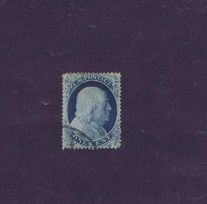 SCOTT# 23 USED 1 CENT FRANKLIN BLUE EXTRA FINE APPEARANCE, 1857.