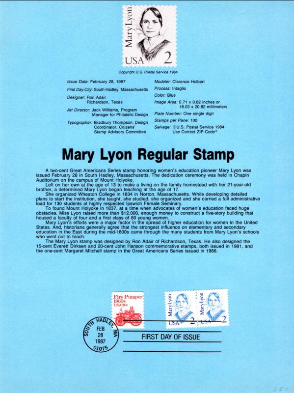 US SP712 Mary Lyon 2169 Souvenir Page FDC