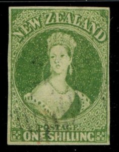 SG 45 New Zealand 1862-64. 1/- yellow-green. Very fine used. 4 good margins...