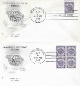 1946 FDC, #940, 3c Honorable Discharge, Art Craft, single/block of 4