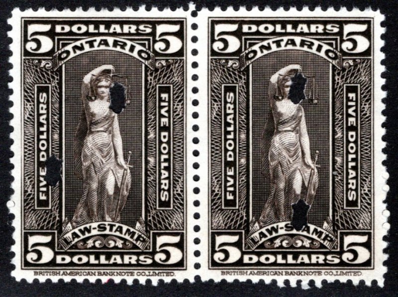 van Dam, OL85, $5, used pair, 1929-61 Ontario Law Stamp, Canada Revenue