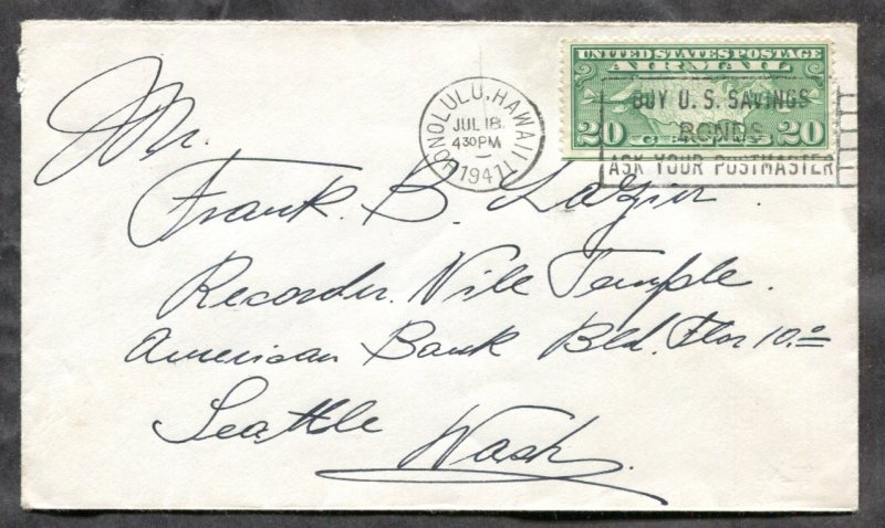 d625 - HONOLULU Hawaii 1941 Airmail Cover to Seattle