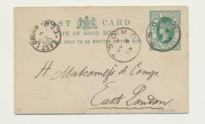 CAPE OF GOOD HOPE 1895 TSOMO CDS ON ½d CARD TO EAST LONDON