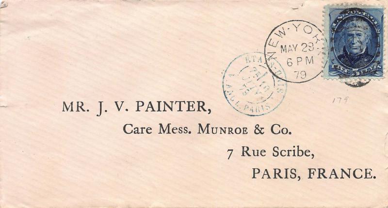 U. S., Scott #179 Used on 1879 Cover from New York City to Paris, France