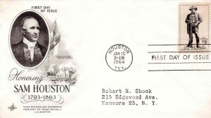 USA 1964 FDC Sc 1242 Sam Houston Artcraft Cachet First Day Cover Houston TX