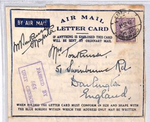 GB WW2 Air Letter EGYPT *DEPUTY CHIEF FIELD CENSOR* Cachet Darlington 1942 YA118