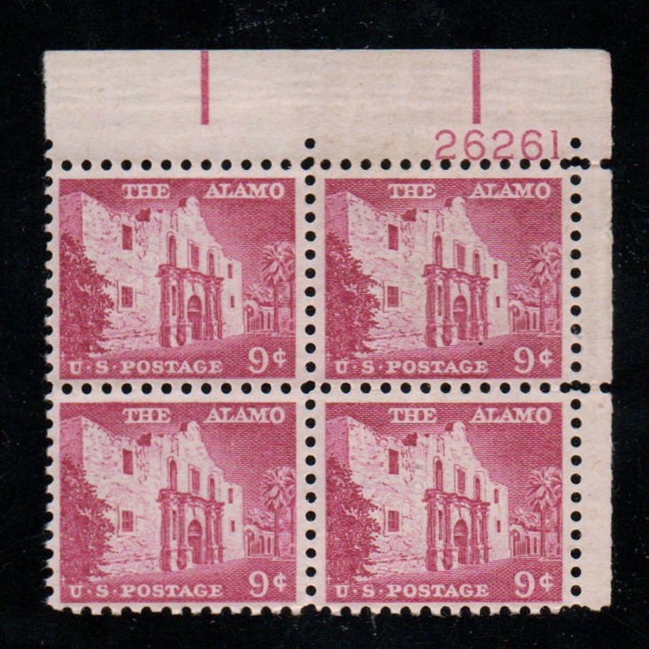 US #1043 PLATE BLOCK, VF/XF mint never hinged, 9c Alamo,  super fresh plate! 