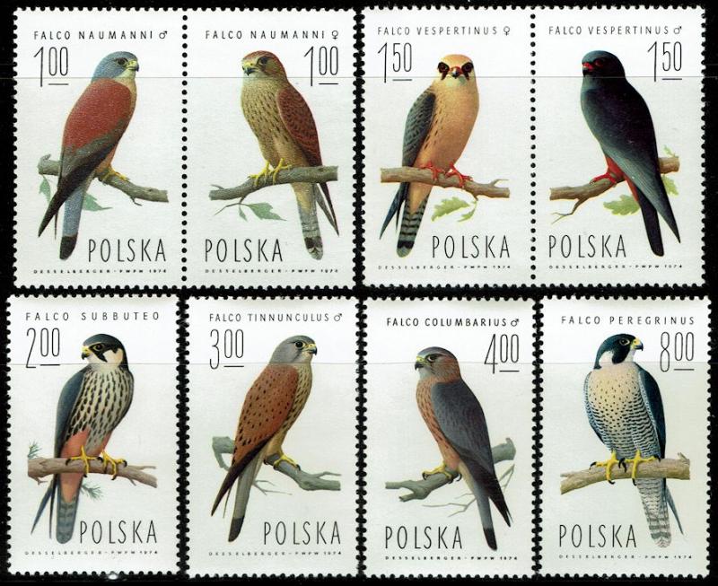 Poland #2074-2081  MNH - Birds Falcons (1975)