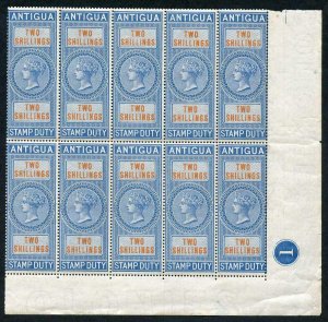 Antigua 1870 2/- Stamp Duty Plate Block of 10 U/M (some very light ageing)