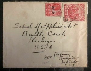 1910s Bridgetown Barbados Cover To Battle Creek MI USA War Tax Stamp