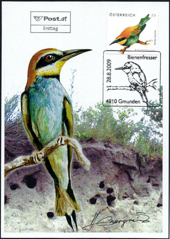 2009 Austria Birds, Bee-Eater, Self-Adhesives, Artist signed FDC Maxi Card!