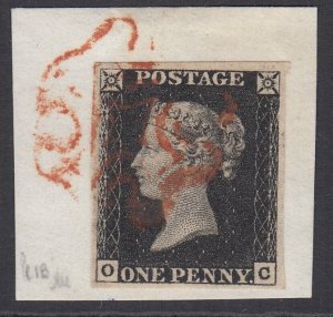 SG 2 1d black plate 1b lettered OC. Very fine used on small piece, tied with...