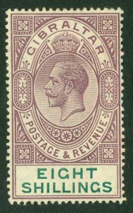 SG 84 Gibraltar 1912-24. 8/- dull purple & green. A fine fresh mounted mint...