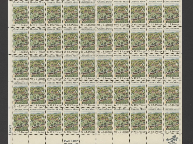 1969 US Scott #1370, 6c Grandma Moses, Sheet of 50 MNH