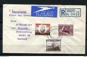 South Africa 1953  Air mail Registered First Day Cover Capetown to Gustrow Germa