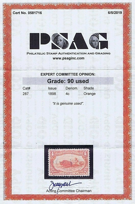 SC# 287 USED 4C INDIAN HUNTING BUFFALO 1898 LT PRTL CCL, 2019 PSAG CERT GRADE 90
