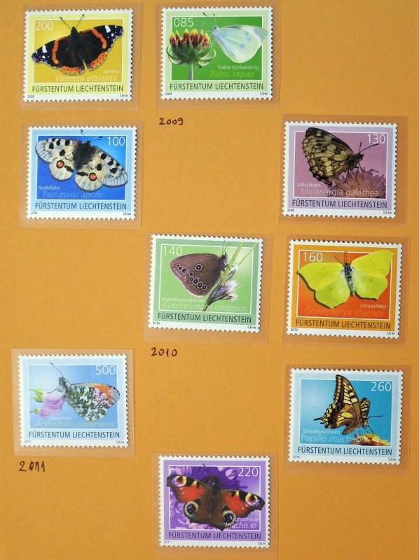Liechtenstein butterflies MNH stamps Scott 1454-1457,1480-1482, 1515-1516 