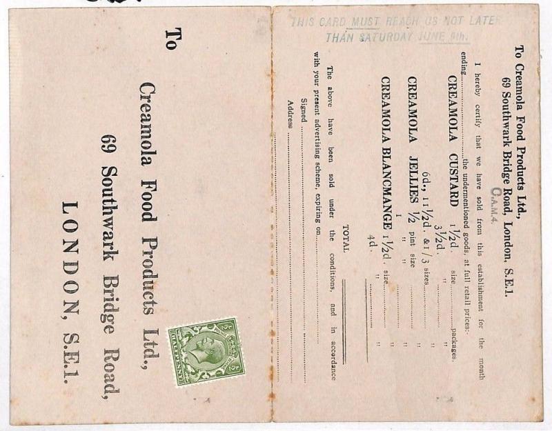 KK240 1920s GB REPLY CARD Creamola Food Services London Card {samwells-covers}