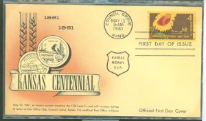 US 1183 Kansas Statehood 1st Kansas Cent. Comm. 1st day cachet unaddressed
