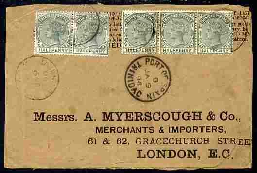 Trinidad 1896 cover to London bearing pair and strip of 3...