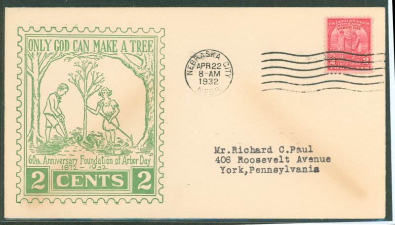 US 717 1932 2c Arbor Day (single) on an addressed (typed) FDC with A Roessler Cachet