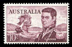 Australia #377 (SG 358) Cat£25, 1963-65 10sh deep claret, never hinged