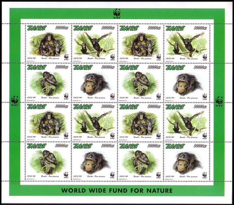 Zaire WWF Bonobo Sheetlet of 4 sets MI#1339-1342 SC#1466 a-d