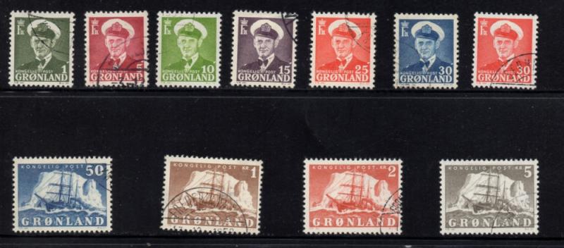 Greenland Sc 28-38 1950 Frederik IX & ship long stamp set used