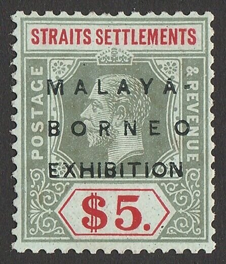 STRAITS SETTLEMENTS 1922 Malaya-Borneo KGV $5, variety no stop. Only 145 issued.