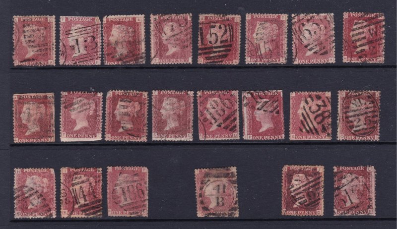 Great Britain a used lot of QV 1d reds plates 147-170 but see description