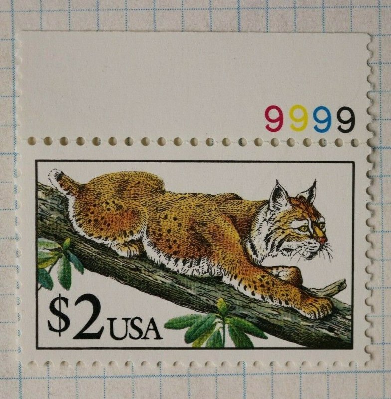 US sc#2482b tag omitted tagging Mint MNH plate #9999 single $2 bobcat