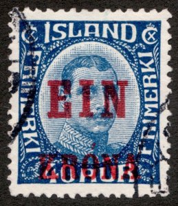 1926 Iceland Island Sc#150 - 40 Aur ovpt - King Christain X - Used Cv $35