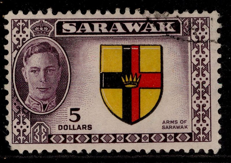 SARAWAK GVI SG185, $5 black, yellow, red & purple, USED. Cat £25.