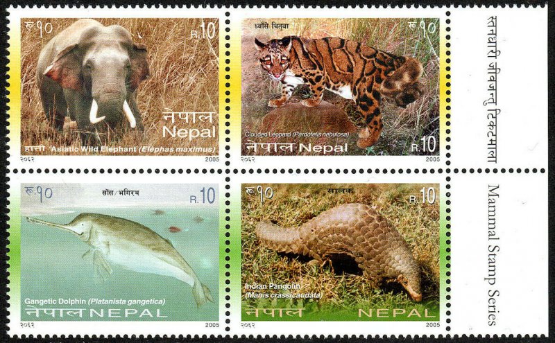 Nepal 762 Block of 4, MNH. Mammals: Dolphin, Pangolin, Elephant, Leopard, 2005