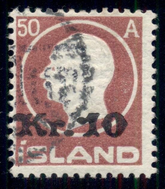 ICELAND #140 (122) 10kr on 50aur Ovpt, used, F/VF, Nielsen cert Scott $450.00