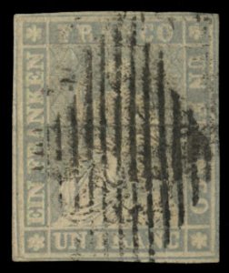 Switzerland #30 Cat$1,000, 1855 1fr lavender, with black silk threads, grid c...