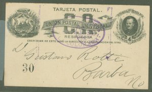 Costa Rica UY 1888 4 cent reply card. Used from LA Coloradia to Barba. Long message. Scarse cancel