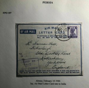 1944 Ahwaz FPO 102 Air Letter Censored Cover To Rotherham England