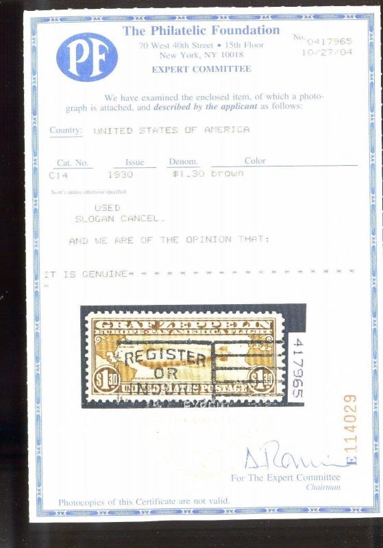 Scott #C14 Graf Zeppelin USED Stamp  with PF Cert (Stock #C14-PF 3)