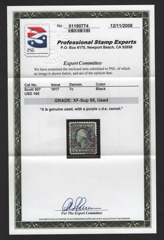 SCOTT #507 - USED - XF-Superb-95 w/PSE Cert. SMQ $110 (LB 9/22) 