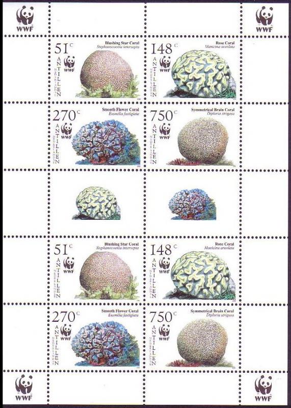 Neth. Antilles WWF Corals Sheetlet of 2 sets MI#1401-1404 SC#1071 a-d