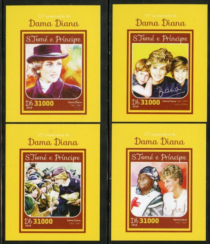 SAO TOME 2016 PRINCESS DIANA SET OF FOUR DELUXE SOUVENIR  SHEETS ON CARD MINT NH