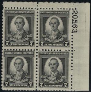 US # 712 7c Washington, PLATE BLOCK, VF mint very lightly hinged, nice