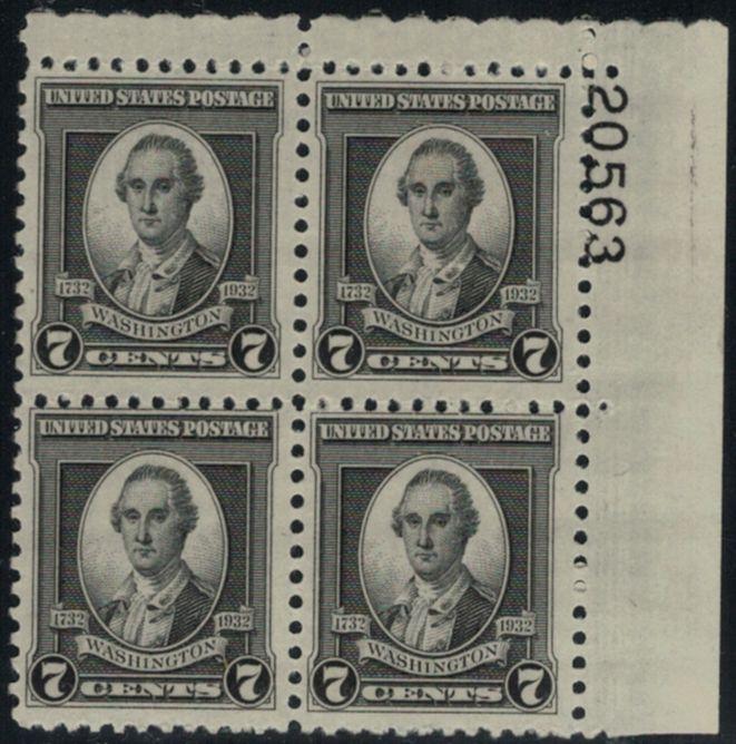 US # 712 7c Washington, PLATE BLOCK, VF mint very lightly hinged, nice