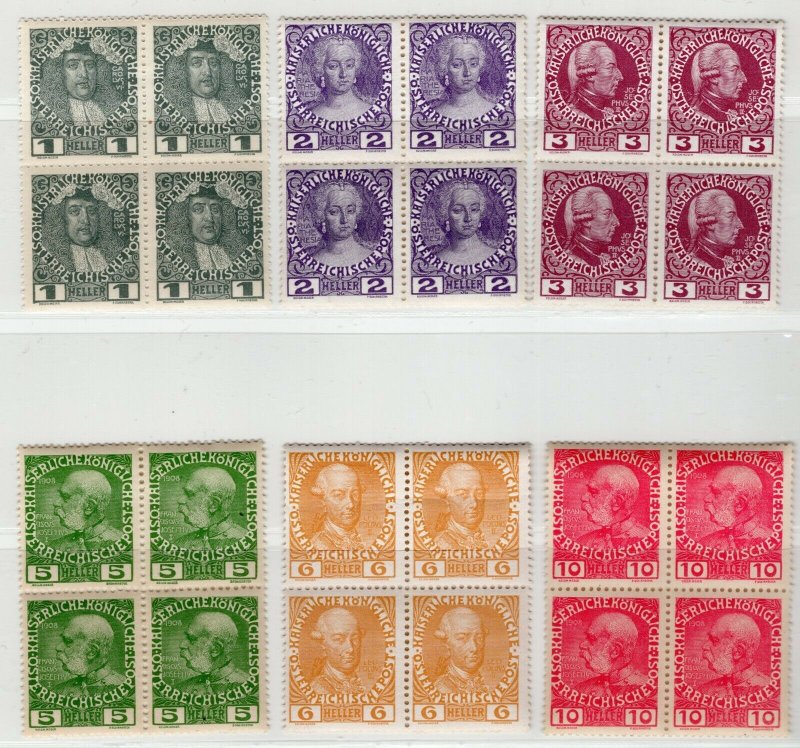 AUSTRIA 1908 FRANZ JOSEF 60 YEARS LOVELY BLOCKS OF 4 SCOTT 110-120 PERRECT MNH