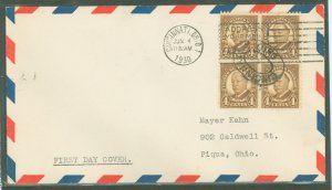 US 685 1930 4c taft, block of 4 on an uncacheted, addressed FDC, cincinnati cancel