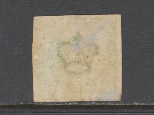 Denmark Sc 5a used 1857 8s yellow green Royal Emblems, 4 margins, sound, F-VF.