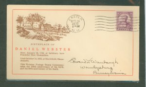 US 725 1932 3c daniel webster, addressed FDC with a linprint cachet