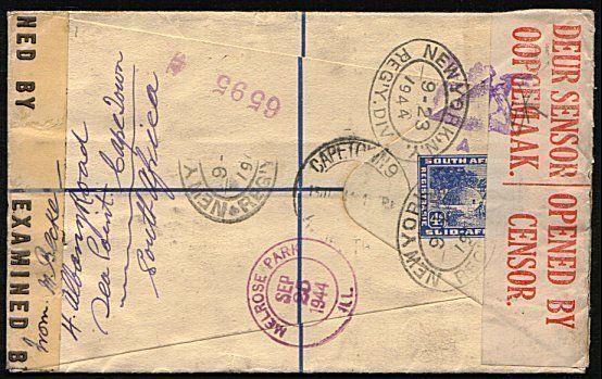SOUTH AFRICA 1944 Double censor 4d Registered cover + 3d Bantam............44456