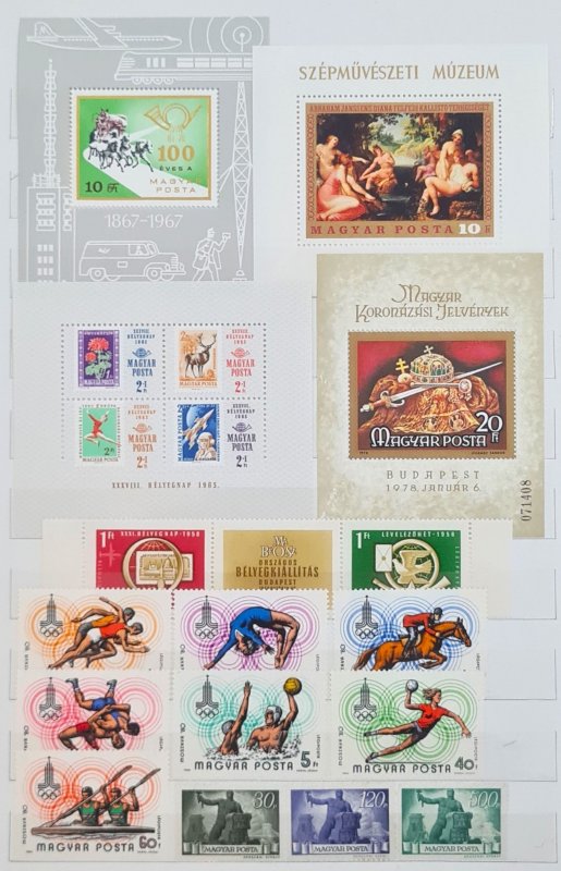 WW assortment (3 albums) F-XF stamps, postcards, FDC, SS.  Mostly unused